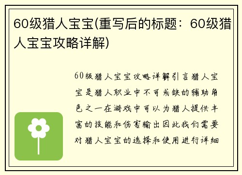 60级猎人宝宝(重写后的标题：60级猎人宝宝攻略详解)
